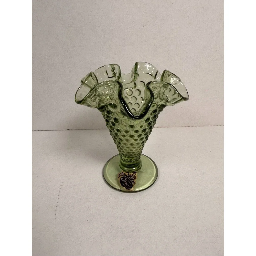 Fenton Art Glass Green Hobnail Vase Height 4